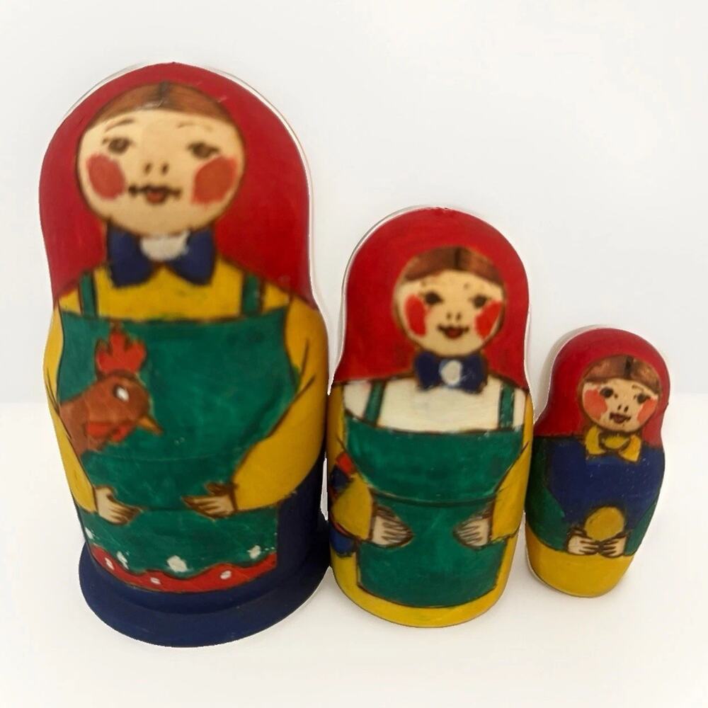 Vintage Russian Matryoshka Nesting Dolls Set of 3 Girl with Rooster Folk Art
